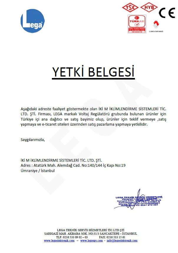 Lega Energy Yetkili Satıcı Belgesi